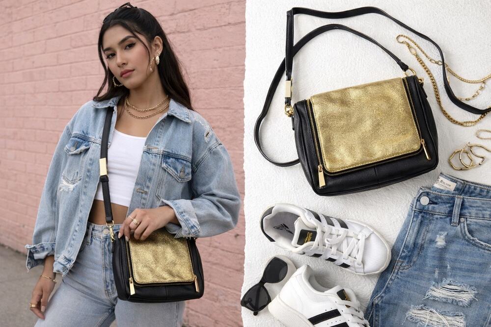 G.I.L.I Halo Metallic Crossbody Gold Black Leather Purse Bag Fall Trendy